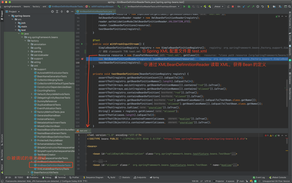 调试 XmlBeanDefinitionReaderTests 类